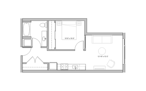 Floor plan for 1 bed, 1 bath, 649 sqft